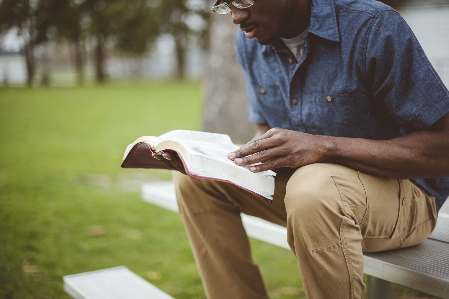 young african american male sitting and reading the bible in a park 1